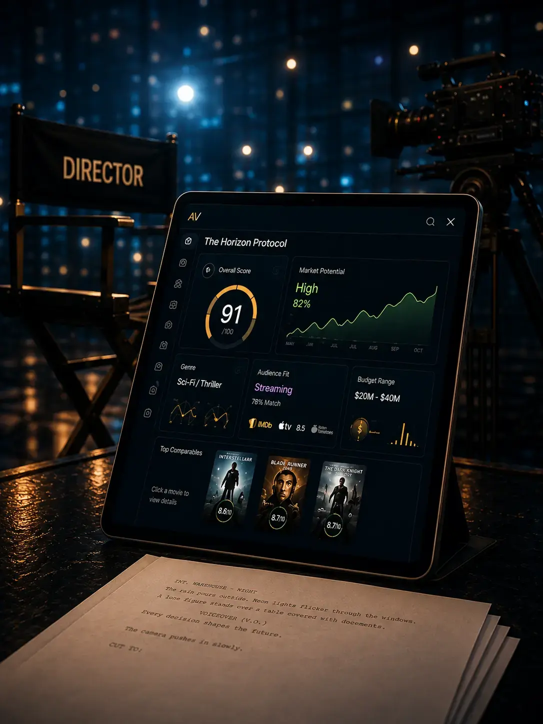 AV Ratings dashboard on a tablet on a film set